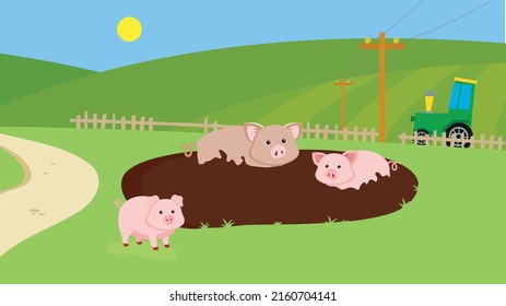 Three little pigs in a puddle of mud