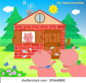 The three little pigs, scared piglets running to bricks house