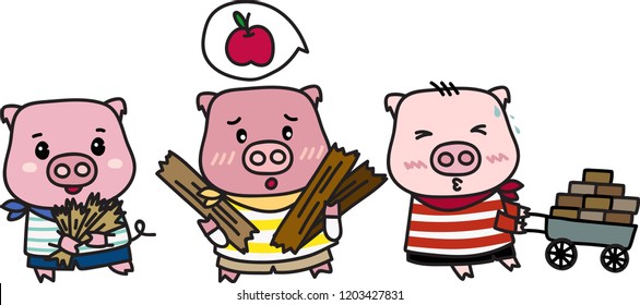 three little pigs are sourcing material for building their houses