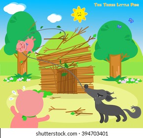 The three little pigs: wolf destroys the sticks house