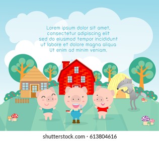 Three little pigs,Template for advertising brochure,your text ,tale for Children's, Kids and frame,Vector Illustration