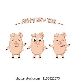 Three little pink pigs and lettering Happy New Year isolated on white background, illustration.