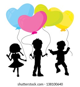 three little silhouettes kids holding heart shaped balloons