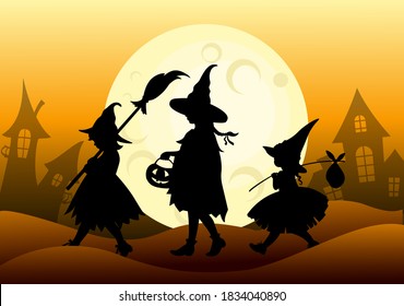 Three little witches on Halloween night.  Vector illustration.