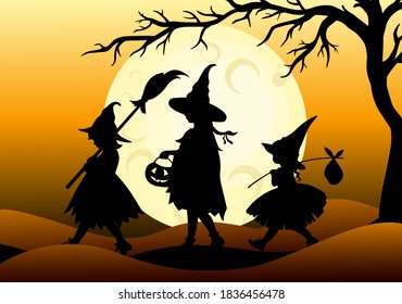 Three little witches on Halloween night.  Vector illustration.