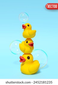 Three little yellow rubber ducks stand on top of each other with flying soap bubbles in realistic 3d Cartoon style. vector illustration