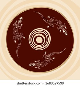 Three lizards crawling around the sun. Aboriginal style. Linear style. Brown, beige colors. Vector abstract colorful illustration.