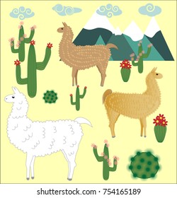 Three llama, alpaca of white and brown color, with bright saddles on the background of mountains, cacti, clouds