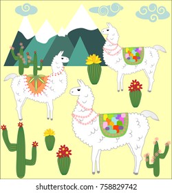 Three Llama, alpaca of white color, with bright saddles on the background of mountains, cacti, clouds