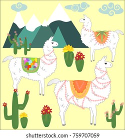 Three Llama, alpaca of white color, with bright saddles on the background of mountains, cacti, clouds