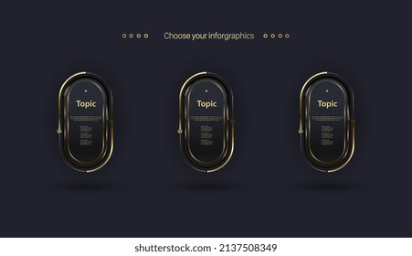 Three lLuxury Vector STEPs Infographic design in FIVE objects with golden Premium shapes Level on dark background template used for Infograph, step or processes design