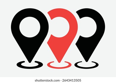 Tres marcadores gráficos de mapas rojos y negros de pines de ubicación