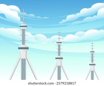 Three lofty white transmission towers bristling with antennas. Communication masts for signal transmission. High-standing broadcast structures. Antenna-equipped pylons. Vector illustration