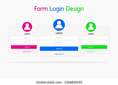 three login form designs are blue,pink and green