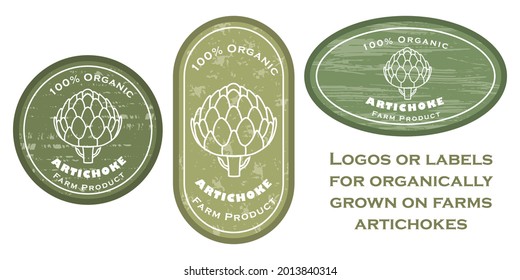 Three logo patches with artichoke contour and texture. Badge for packages with organic farm grown artichokes. Different shapes of the badges. Emblems for farm products packaging.