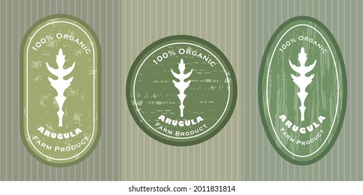 Three logo patches with arugula leaf and texture. Badge for packages with organic farm grown arugula. Different shapes of the badges placed on colored background with striped linear texture.