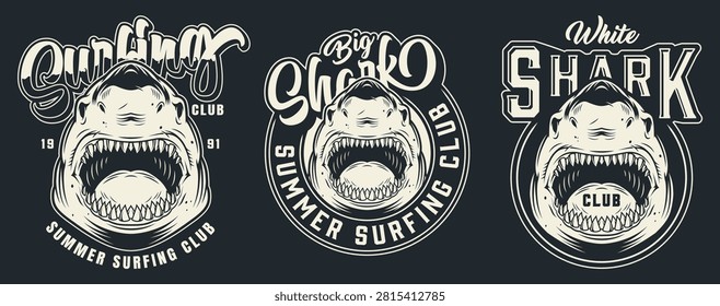 Three logos display a shark's head for a summer surfing club. Each logo features different text and designs. The logos emphasize the club's focus on surfing and fun.