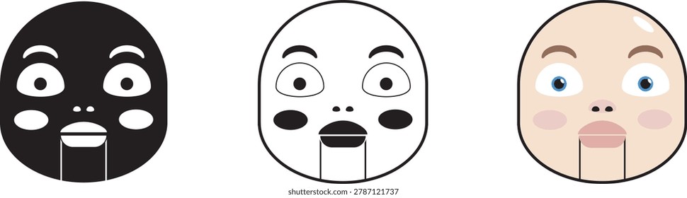 Three logos featuring puppet faces, available in color and black and white. Cartoon-style icons. Vector illustration for apps, websites, brochures, toy store, Halloween party and so on.