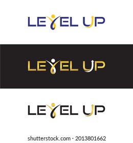 Three logos that say Level Up with a human icon and arrows in black, gold, blue and white