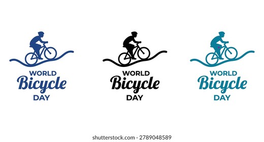 Three logos for World Bicycle Day featuring bicycle riders in different colors