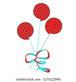 Three lollipops on a stick, bandaged with a ribbon isolated on a white background