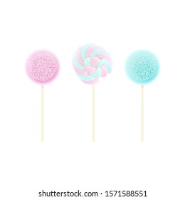 Three Lollipops pink, blue, Rainbow swirl set isolated on white. icing and sprinkles, Vector illustration. Confection, sweets. For decoration, food, blog, web, print label tag