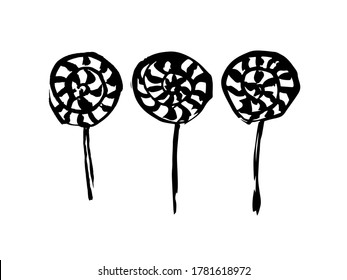 Three lollipops, sweet candy, dessert. Ink brush black drawing on a white background. Hand drawn vector illustration.