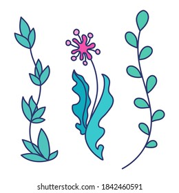 Three long green water plants in naive style. Isolated vectors. Simple cartoon stickers or design elements. Perfect for childish decoration of birthday, album or diary a-la Sea Life