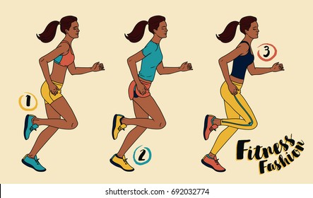 three looks for jogging fashion, slim and young african american running women, vector illustration