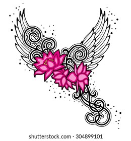 Three lotus on a background of wings and ornate pattern