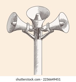 Three loudspeakers are mounted on a pole and directed in different directions. Figure isolated on beige background