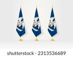 Three Louisiana flags in a row on a golden stand, illustration of press conference and other meetings. Vector illustration.