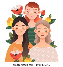 Three lovely girls with closed eyes in flowers.