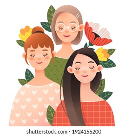 Three lovely girls with closed eyes in spring flowers.