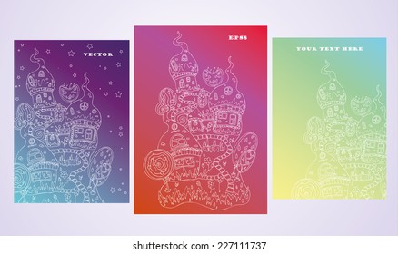 Three lovely greeting card with fairy houses white silhouette in the starry sky, vector illustration