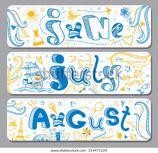 Three Lovely Horizontal Seasonal Summer Doodle Stock Vector Royalty Free