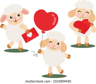 Three lovely lamb sheeps holding a love icons

