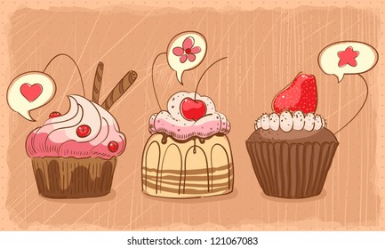 three lovely muffins on orange shabby backdrop. vector illustration