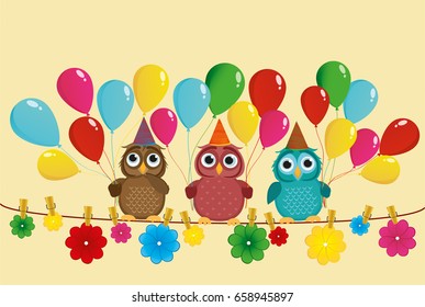 Three lovely owls sit on a rope and hold balloons. Hanging on clothespins are colored paper flowers. Holiday Birthday. Vector. Invitation to a holiday. Greeting card with blank space for labeling ad