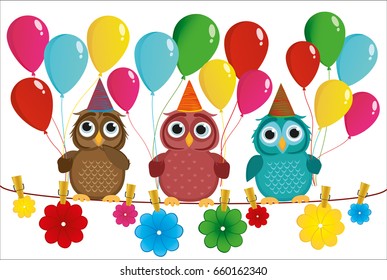 Three lovely owls sit on a rope and hold balloons. Hanging on clothespins are colored paper flowers. Holiday Birthday. Vector. Invitation to a holiday. Greeting card with blank space for labeling or ad
