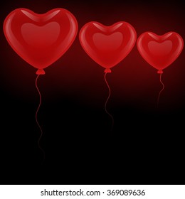 Three loving red gel balloons floating in a heart shape on a black background.