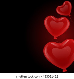 Three loving red gel balloons floating in a heart shape on a black background.