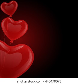 Three loving red gel balloons floating in a heart shape on a black background.