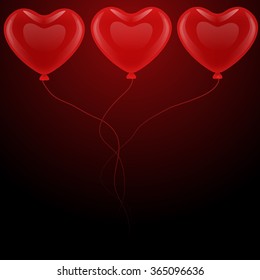Three loving red gel floating balloons heart shaped twist ribbons on a black background.