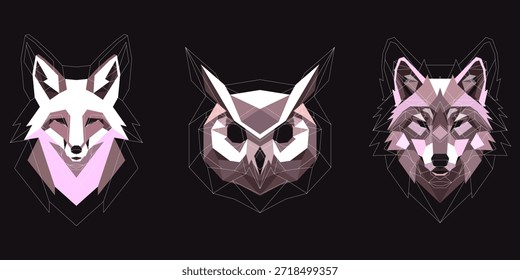 Tres cabezas de animales geométricas de baja poli: un zorro, un búho y un lobo. Representado en tonos de blanco, rosa y marrón sobre un fondo oscuro con contornos de alambre blanco
