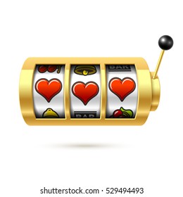 Three lucky heart symbols on slot machine, Valentines Day concept vector illustration. 