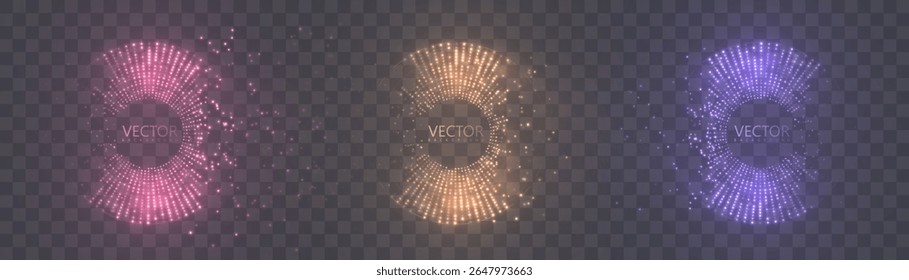 Three luminous particle rings in digital style with glowing dots and vibrant hues on dark transparent background. Great for sci-fi HUD, tech interfaces, or virtual visualizations.

