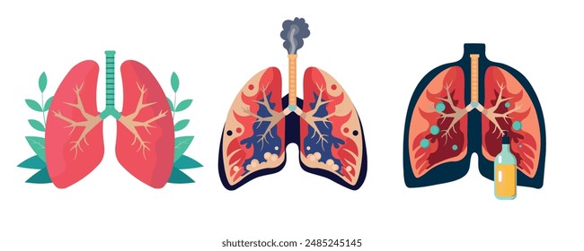 three lung conditions, healthy, affected by cigarettes and alcohol, symbol, on a white background, World Abstinence Day, August 1, fight cancer,