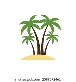 Three lush palm trees stand tall on a sandy beach, their green leaves swaying gently, evoking a serene and tropical atmosphere.