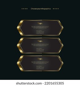 THREE LUXURY buttons, banners, elements on dark background, and a premuim Concept of banner for SALE off advertising design, a gold successive step chart, and luxury infographic